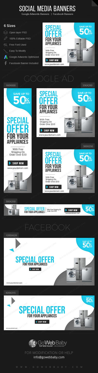 Google Adwords Display Banner with Facebook banners - Appliances Store for Website Marketing - GoWebBaby.Com